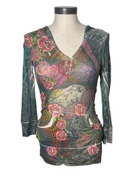 Guess Y2K Fairy Grunge Hooded Tunic Top Roses Rhinestone Small Tattoo Burn Out